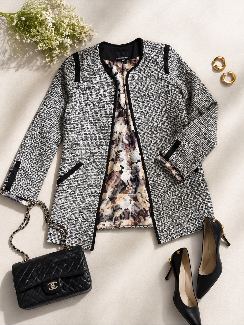 Cynthia Rowley Tweed Open Front Jacket Black White Floral Lining M